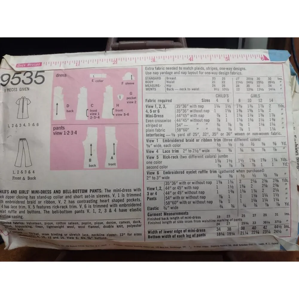 Vintage Simplicity Pattern 9535 Child's & Girl's Mini-dress & Pants Size6 (1971)